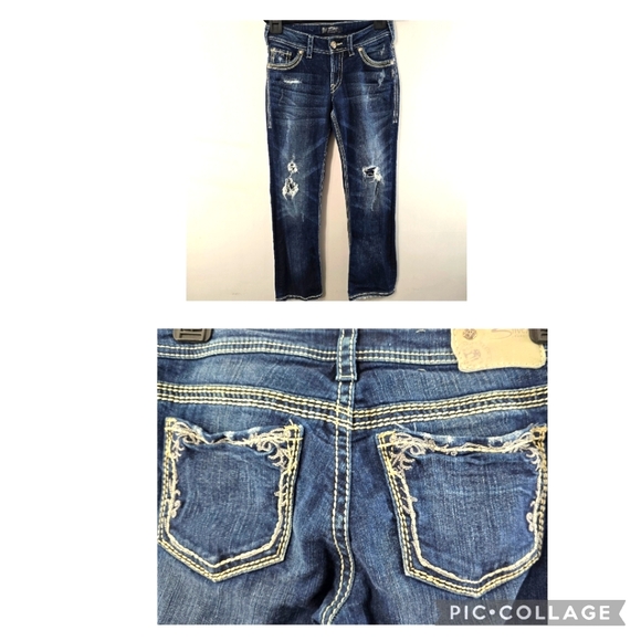 Silver Suki 17" Jeans Bootcut Boot Cut Flare Distressed Whisker Dark Wash 28 31 - Picture 1 of 16